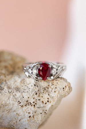 Lab ruby engagement ring, nature inspired ring with accent diamonds / Wisteria - Eden Garden Jewelry™