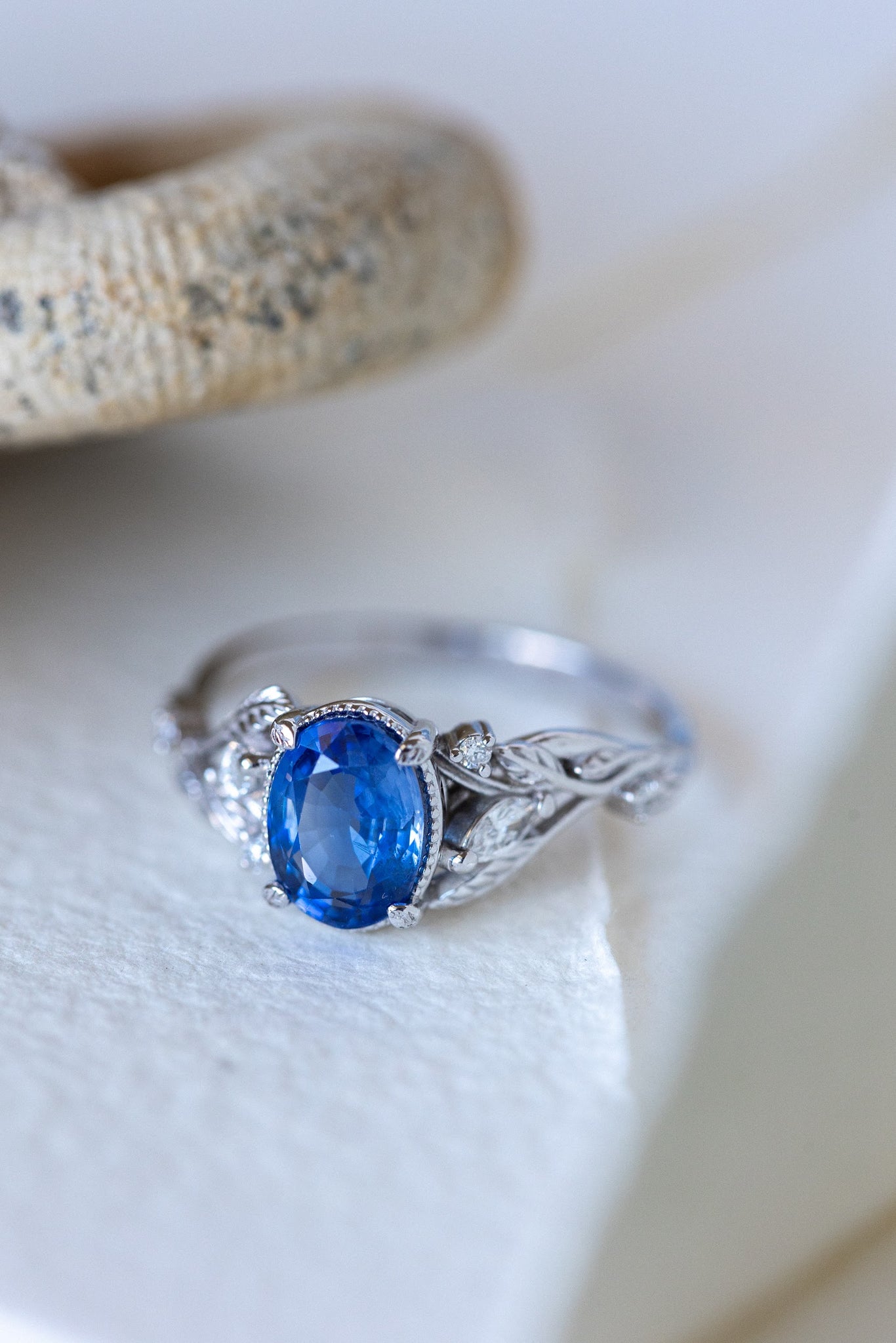 READY TO SHIP: Patricia ring in 18K white gold, natural vivid blue sapphire 8x6 mm, accent lab grown diamonds, AVAILABLE RING SIZES: 7US