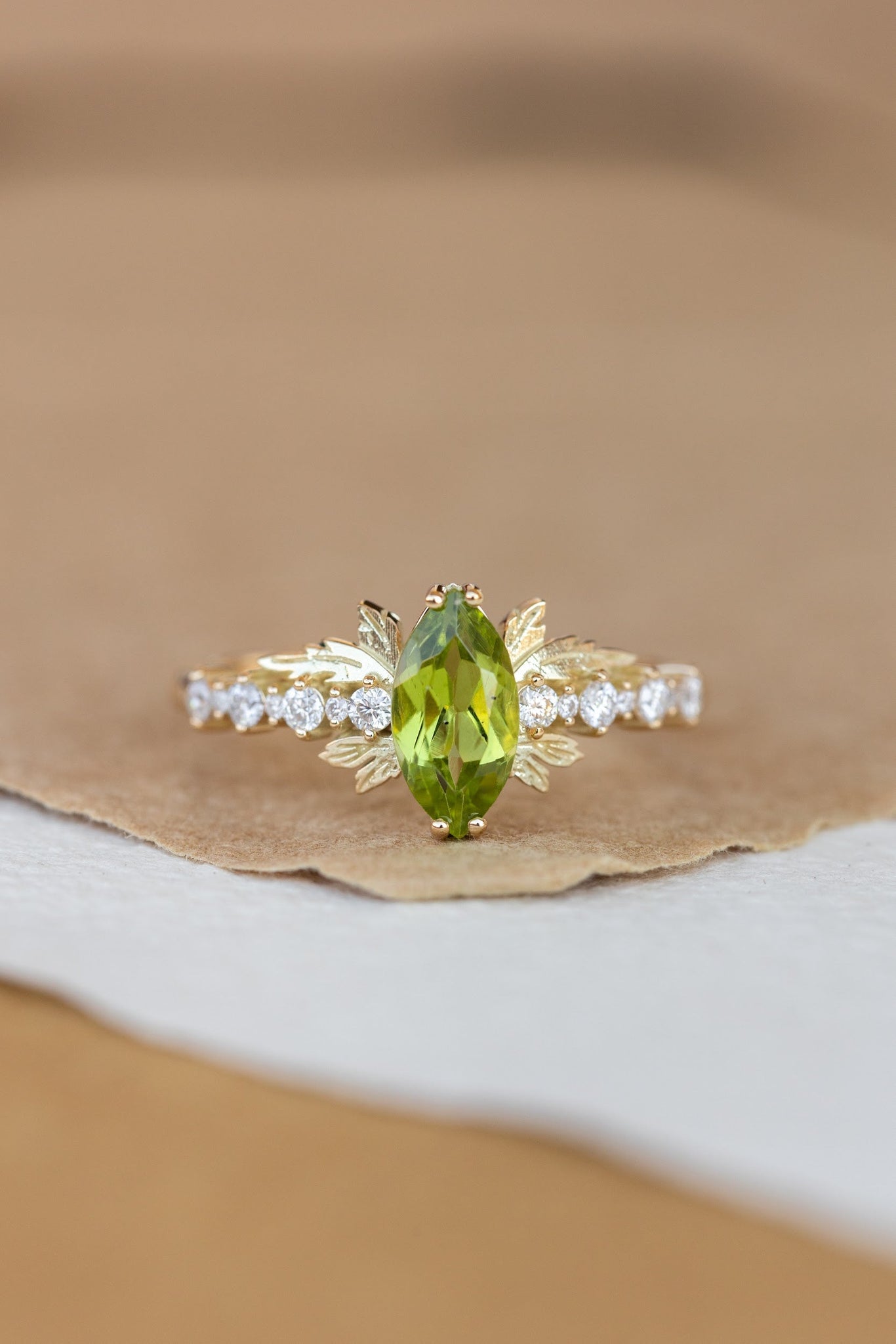 Peridot and diamonds engagement ring, nature inspired gold leaf ring / Verbena