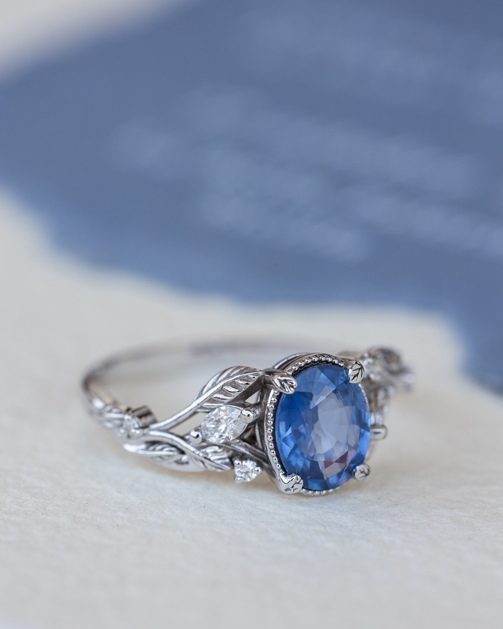 Natural blue sapphire bridal ring set, white gold leaf engagement and wedding rings / Patricia - Eden Garden Jewelry™