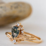 READY TO SHIP: Ariadne ring set in 18K yellow gold, pear cut moss agate, accent lab grown diamonds, RING SIZE:  5.5 - 8.5 US