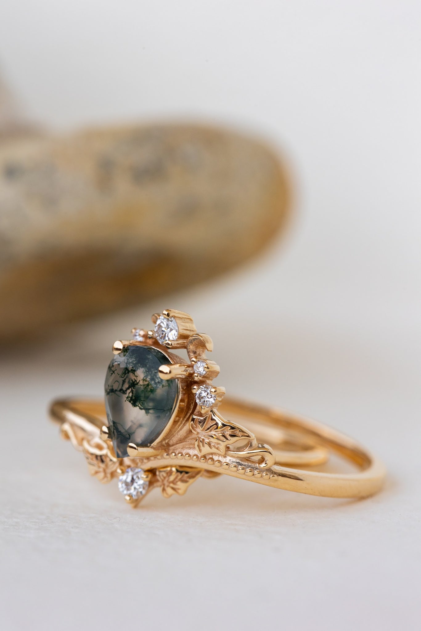 READY TO SHIP: Ariadne ring in 18K yellow gold, pear cut moss agate, accent lab grown diamonds, RING SIZE:  7US