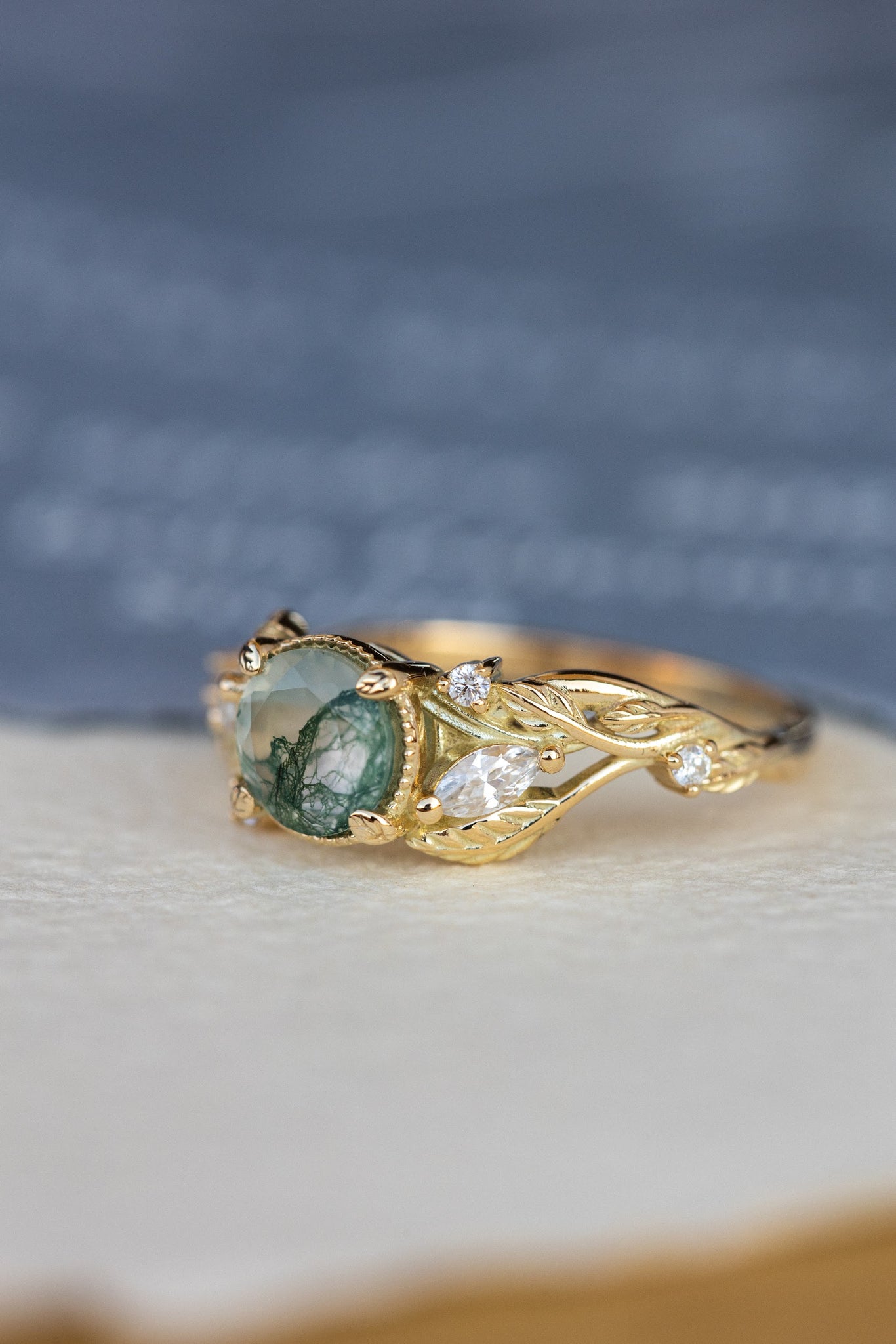 Round moss agate engagement ring, gold promise ring with accent diamonds / Patricia - Eden Garden Jewelry™