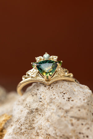 Genuine green sapphires engagement ring, trillion cut gemstone ring with gold ivy leaves / Ariadne - Eden Garden Jewelry™