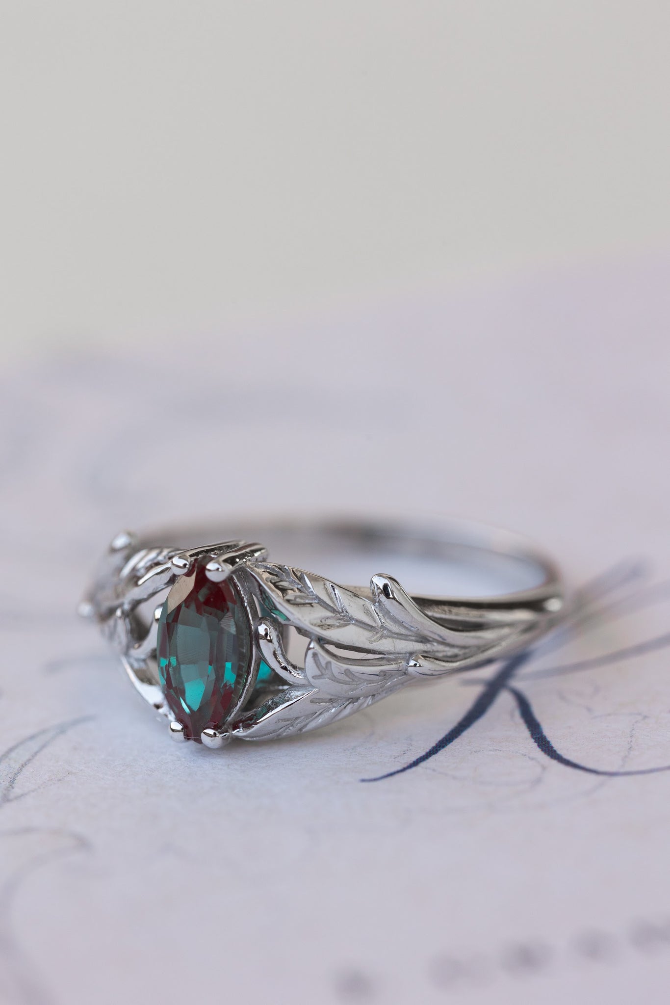 Colour changing alexandrite engagement ring, white gold twig ring with marquise alexandrite / Wisteria - Eden Garden Jewelry™