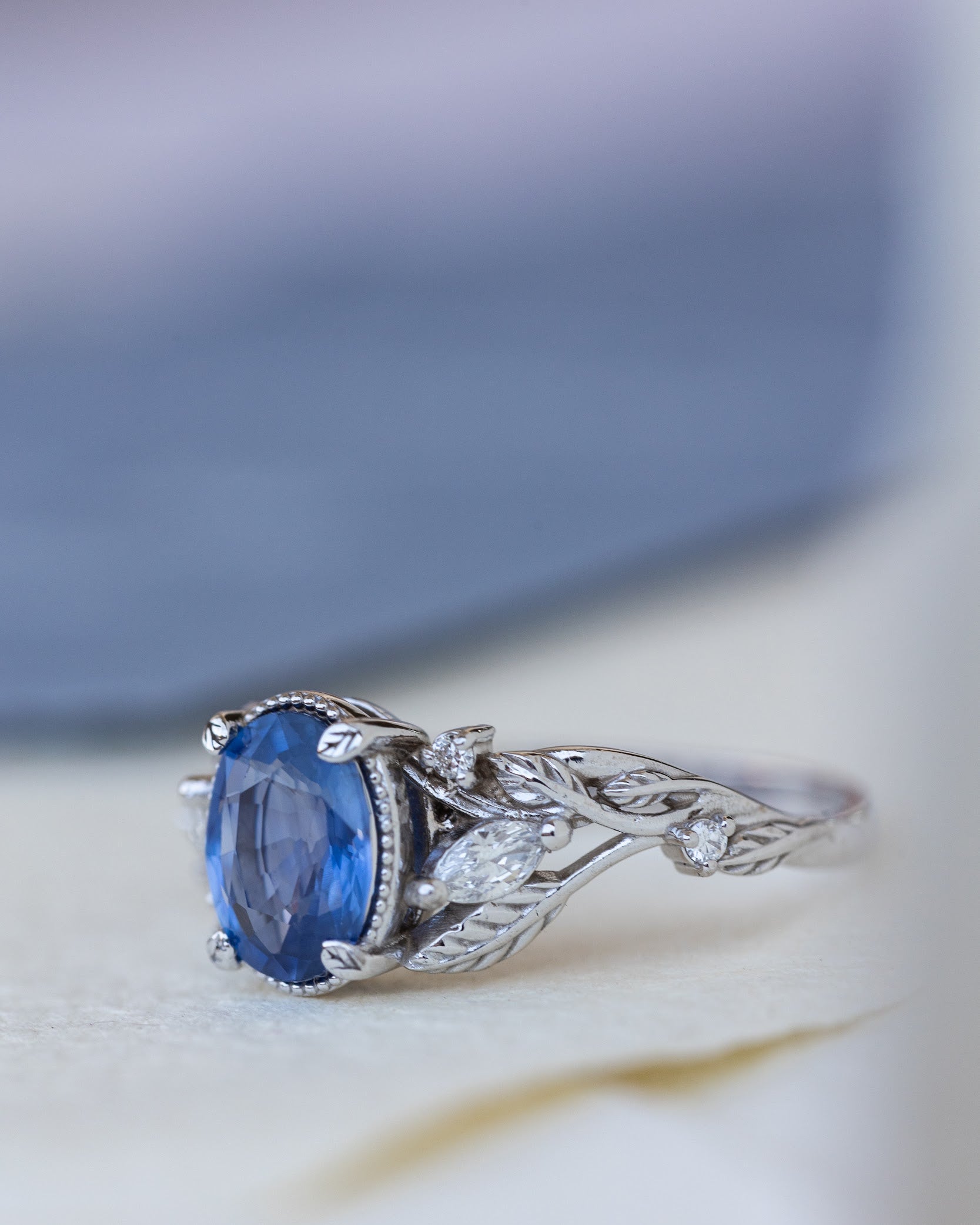 Natural blue sapphire bridal ring set, white gold leaf engagement and wedding rings / Patricia - Eden Garden Jewelry™