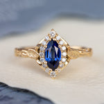 Marquise cut sapphire engagement ring set, nature inspired bridal ring set with diamond halo / Florentina - Eden Garden Jewelry™