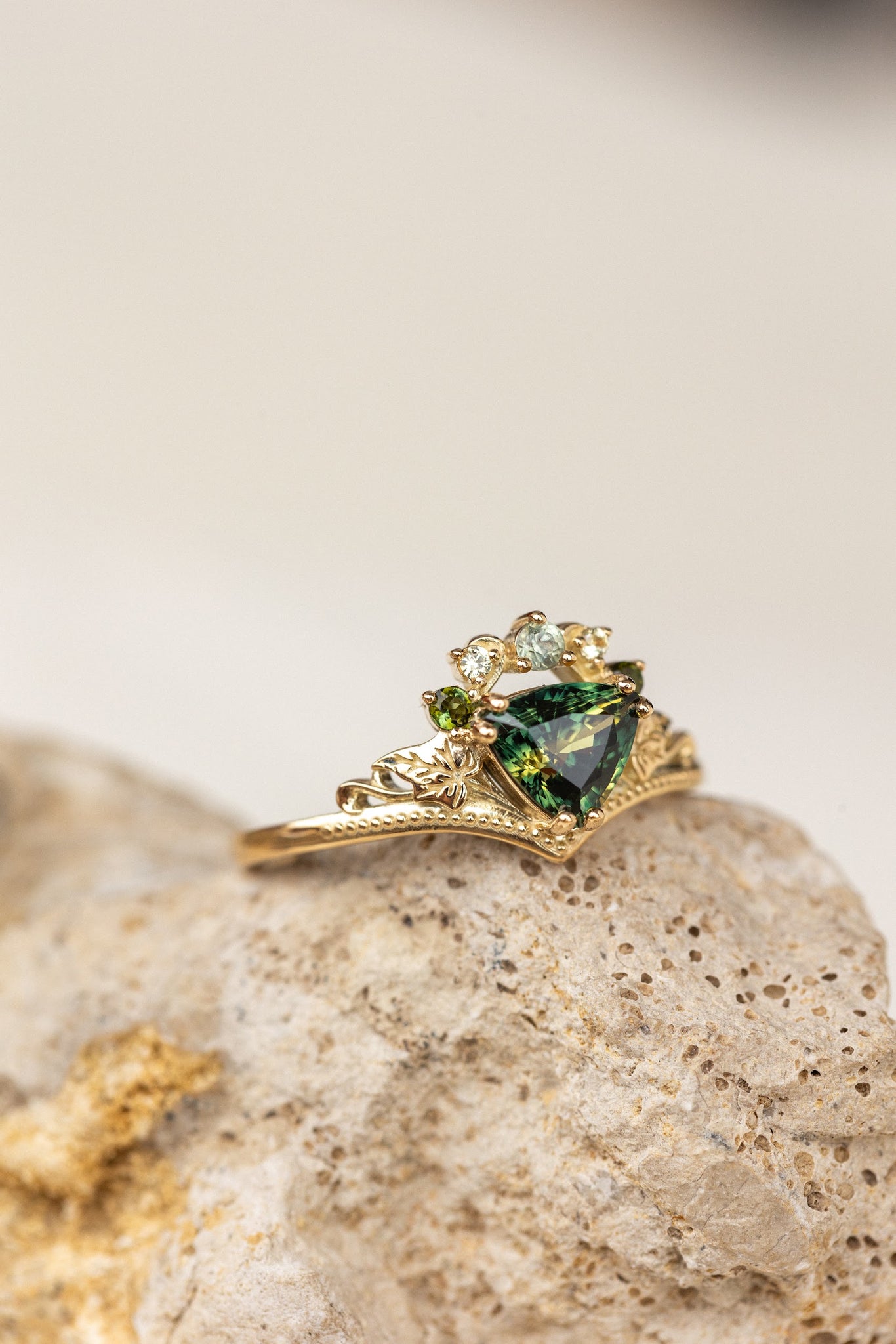 Genuine green sapphires engagement ring, trillion cut gemstone ring ...