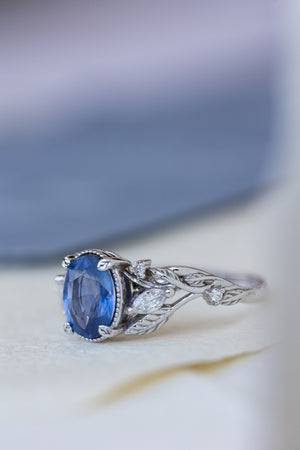 Natural blue sapphire bridal ring set, white gold leaf engagement and wedding rings / Patricia - Eden Garden Jewelry™