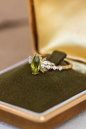 Marquise cut peridot engagement ring, nature inspired gold ring with accent diamonds / Verbena - Eden Garden Jewelry™