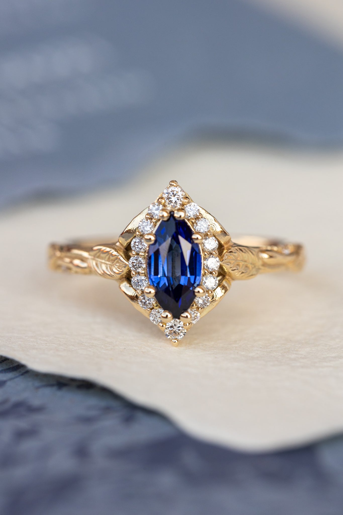 Custom order: Florentina ring with bezel setting, dark blue lab sapphire engagement ring with lab grown diamonds