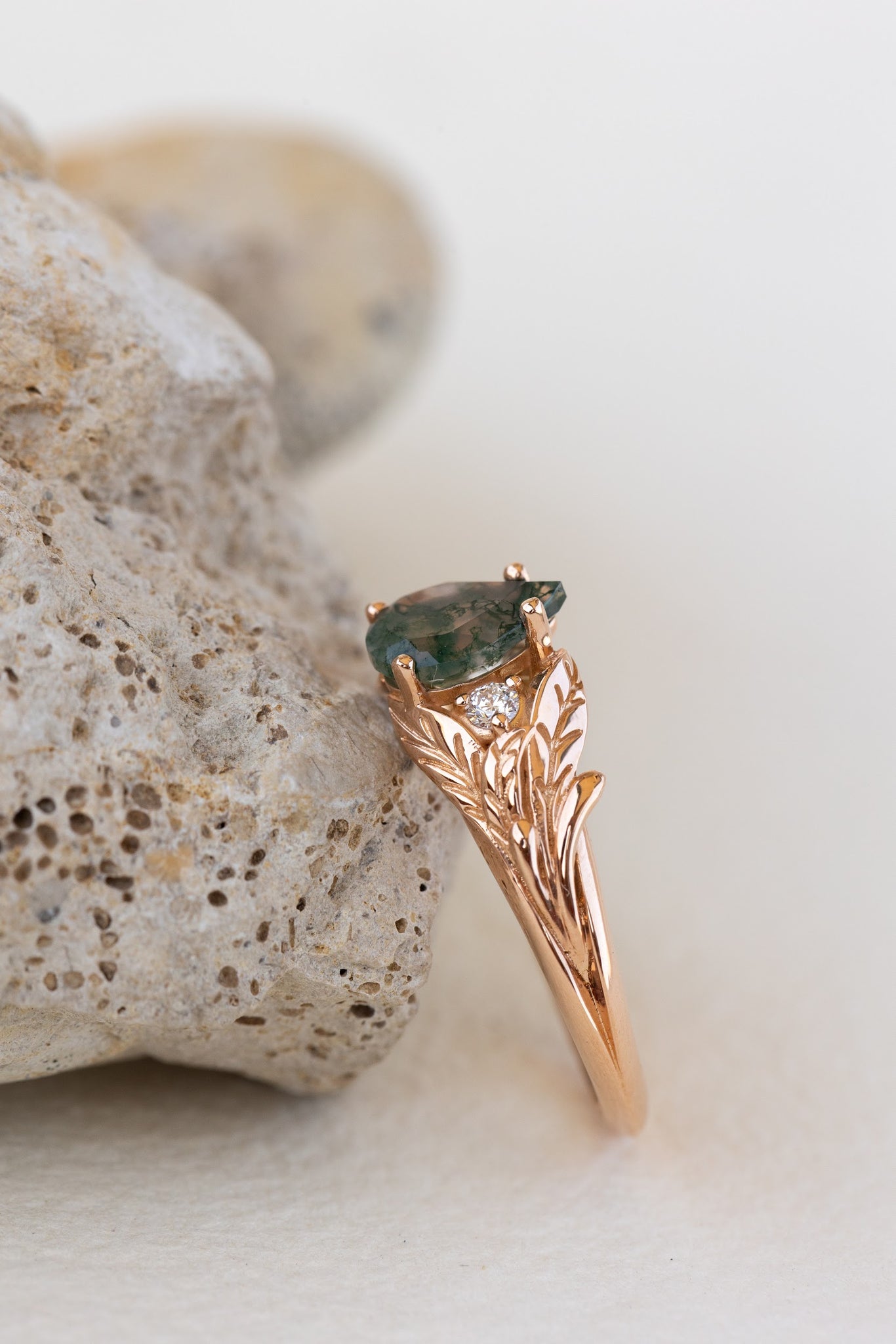 READY TO SHIP: Wisteria ring in 14K or 18K rose gold, pear moss agate, accents lab grown diamonds, RING SIZE: 7.25 US