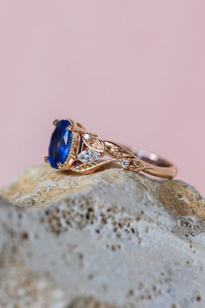 READY TO SHIP: Patricia ring in 14K or 18K rose gold, natural vivid blue sapphire 8x6 mm, accent lab grown diamonds, AVAILABLE RING SIZES: 7US