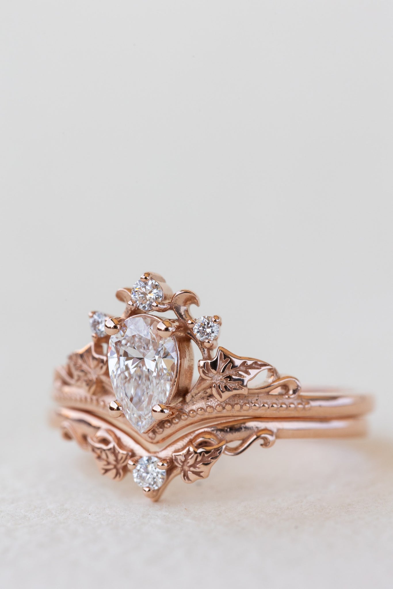 READY TO SHIP: Ariadne bridal set in 14K or 18K rose gold, pear cut lab grown diamond 7x5 mm, accents lab grown diamonds, RING SIZE: 7 US