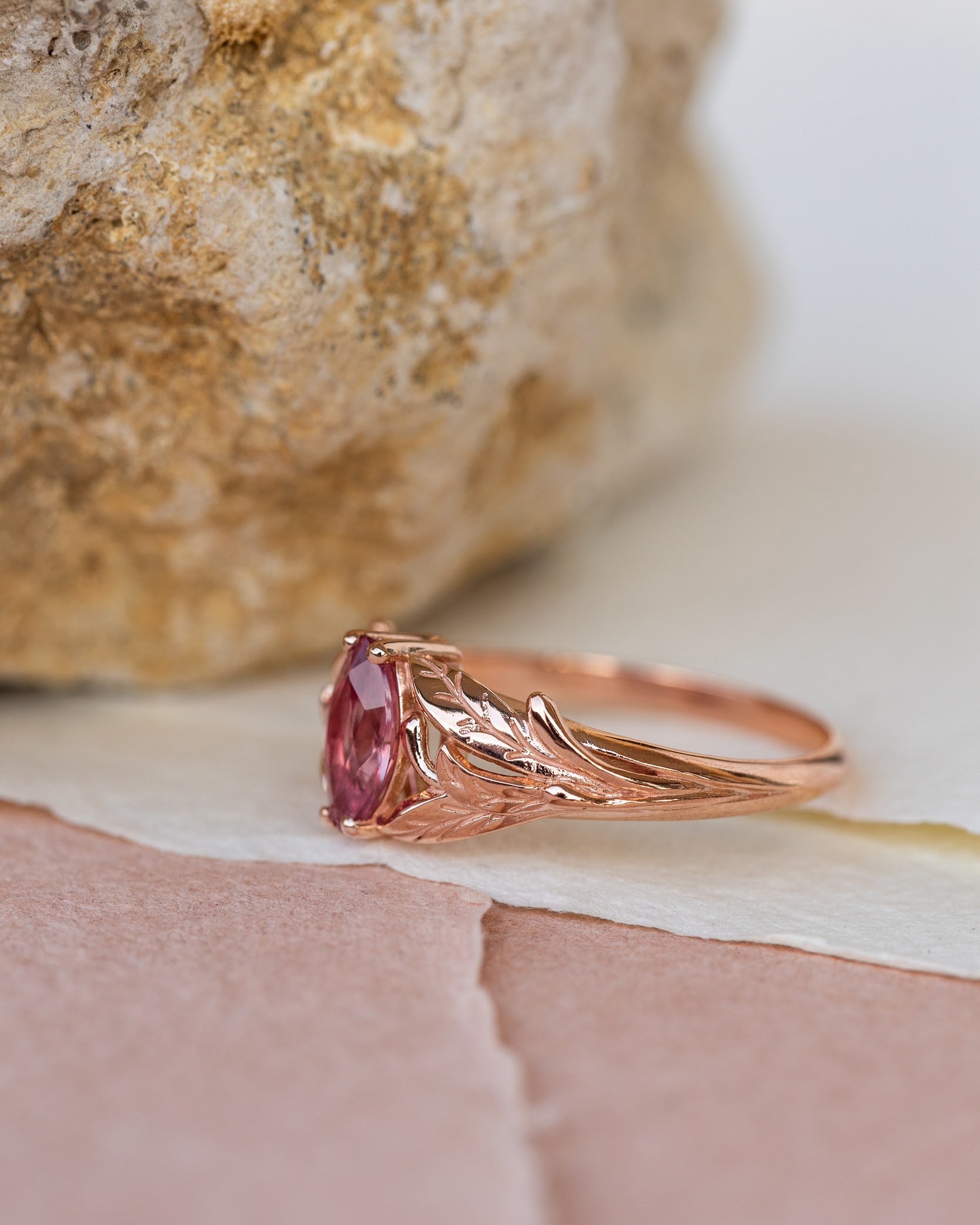 Natural pink sapphire engagement ring, leaf proposal ring with marquise cut gemstone / Wisteria - Eden Garden Jewelry™