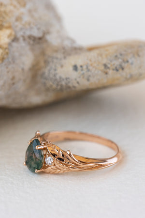 READY TO SHIP: Wisteria ring in 14K or 18K rose gold, pear moss agate, accents lab grown diamonds, RING SIZE: 7.25 US