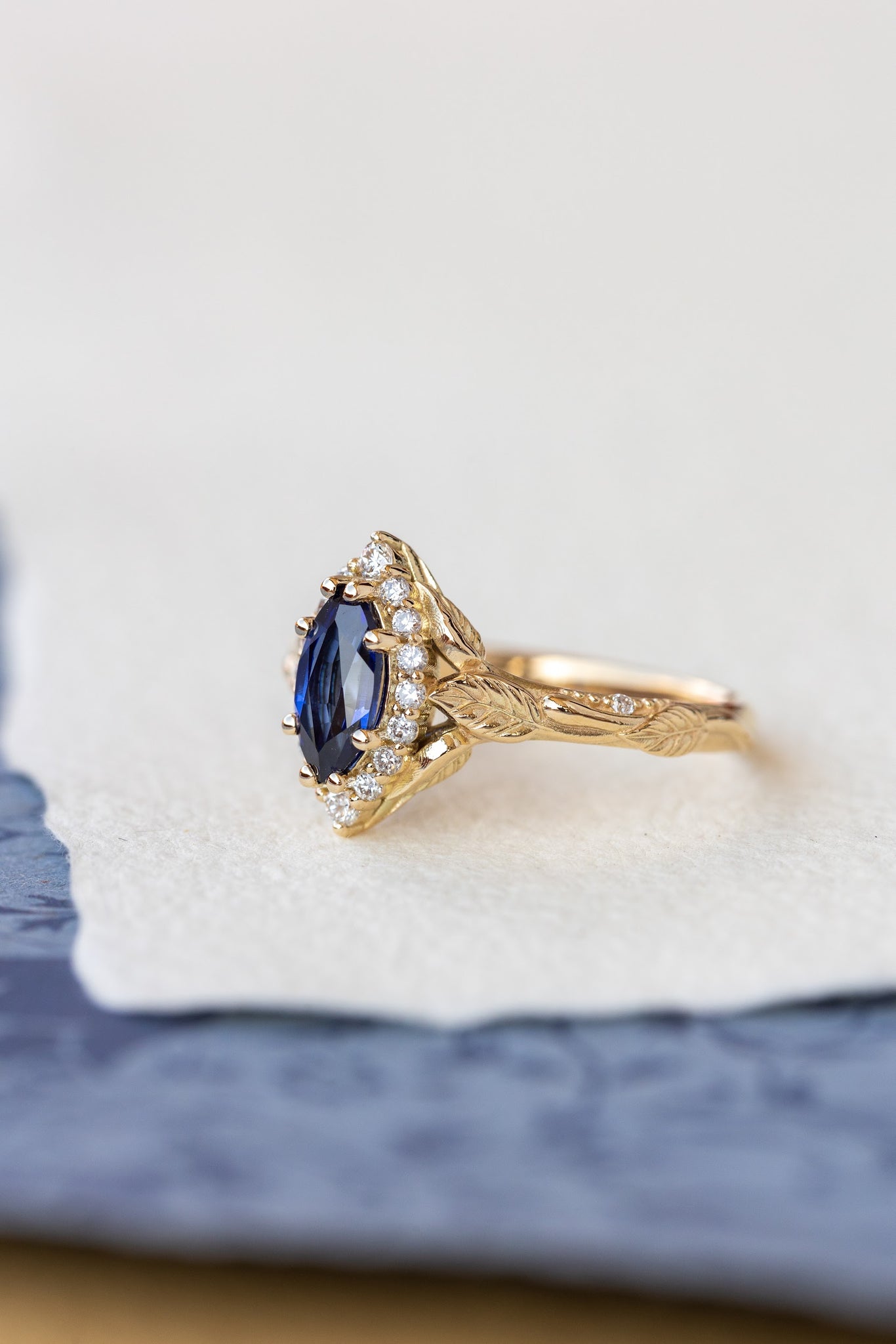 Custom order: Florentina ring with bezel setting, dark blue lab sapphire engagement ring with lab grown diamonds