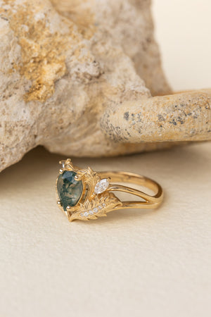 READY TO SHIP: Adonis ring in 14K or 18K yellow gold, pear cut moss agate, accent lab grown diamonds, RING SIZES: 6US, 8US