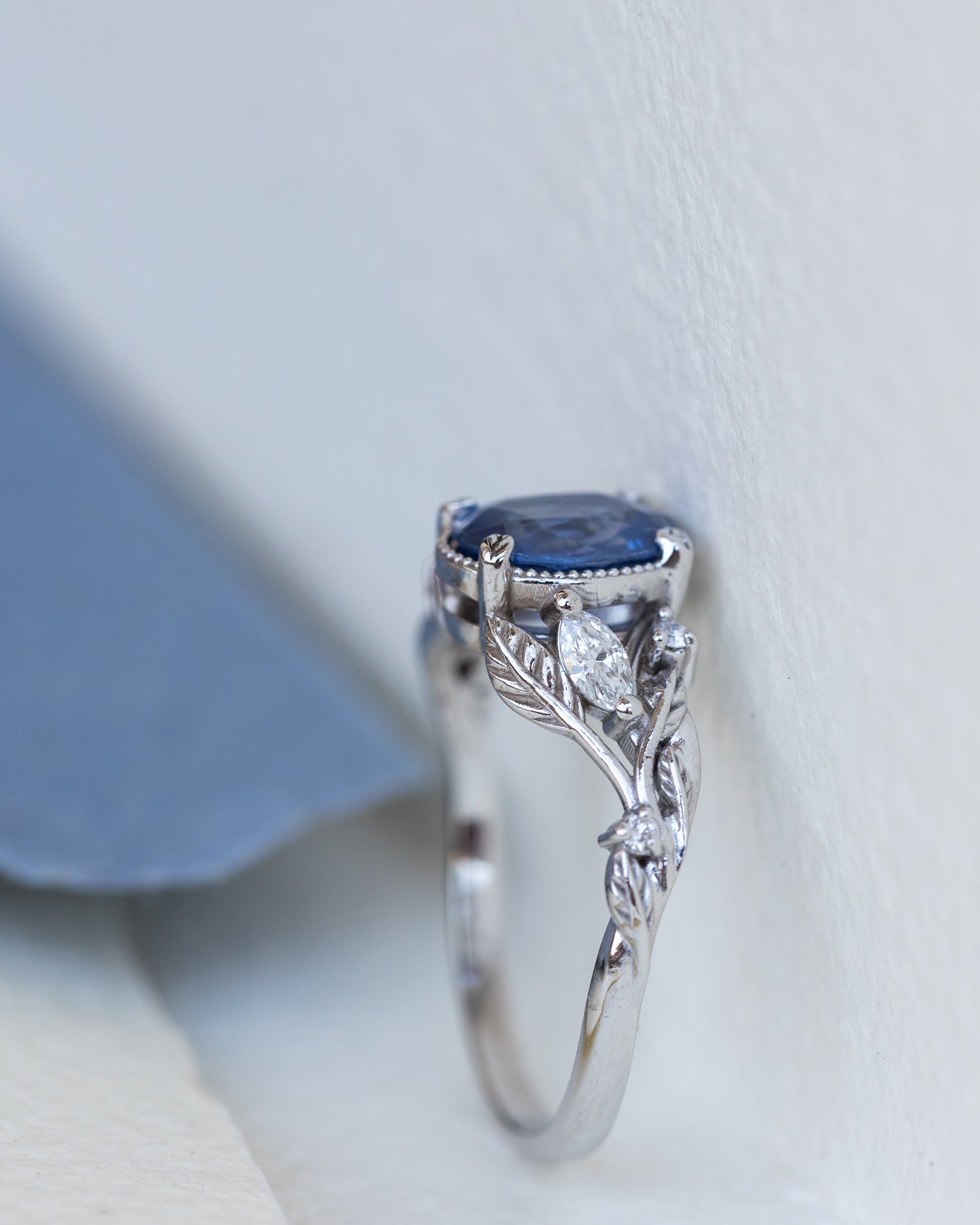 Natural blue sapphire bridal ring set, white gold leaf engagement and wedding rings / Patricia - Eden Garden Jewelry™