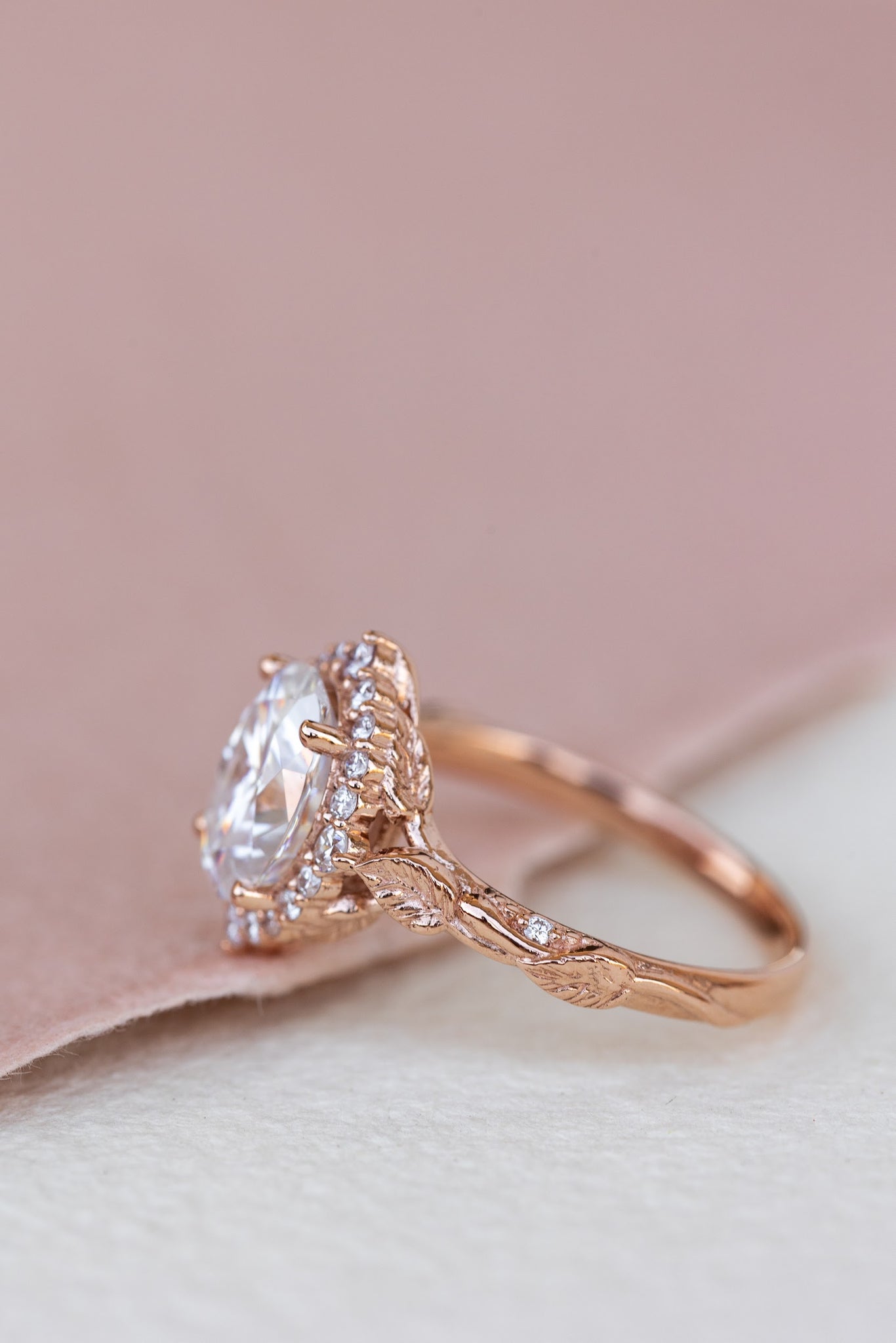 Sparkling moissanite engagement ring, nature themed proposal ring with diamond halo / Florentina - Eden Garden Jewelry™