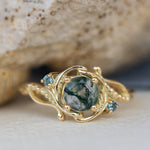 1 carat moss agate and accent teal sapphires engagement ring set, nature inspired bridal ring set / Undina - Eden Garden Jewelry™