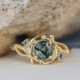 1 carat moss agate and accent teal sapphires engagement ring set, nature inspired bridal ring set / Undina - Eden Garden Jewelry™