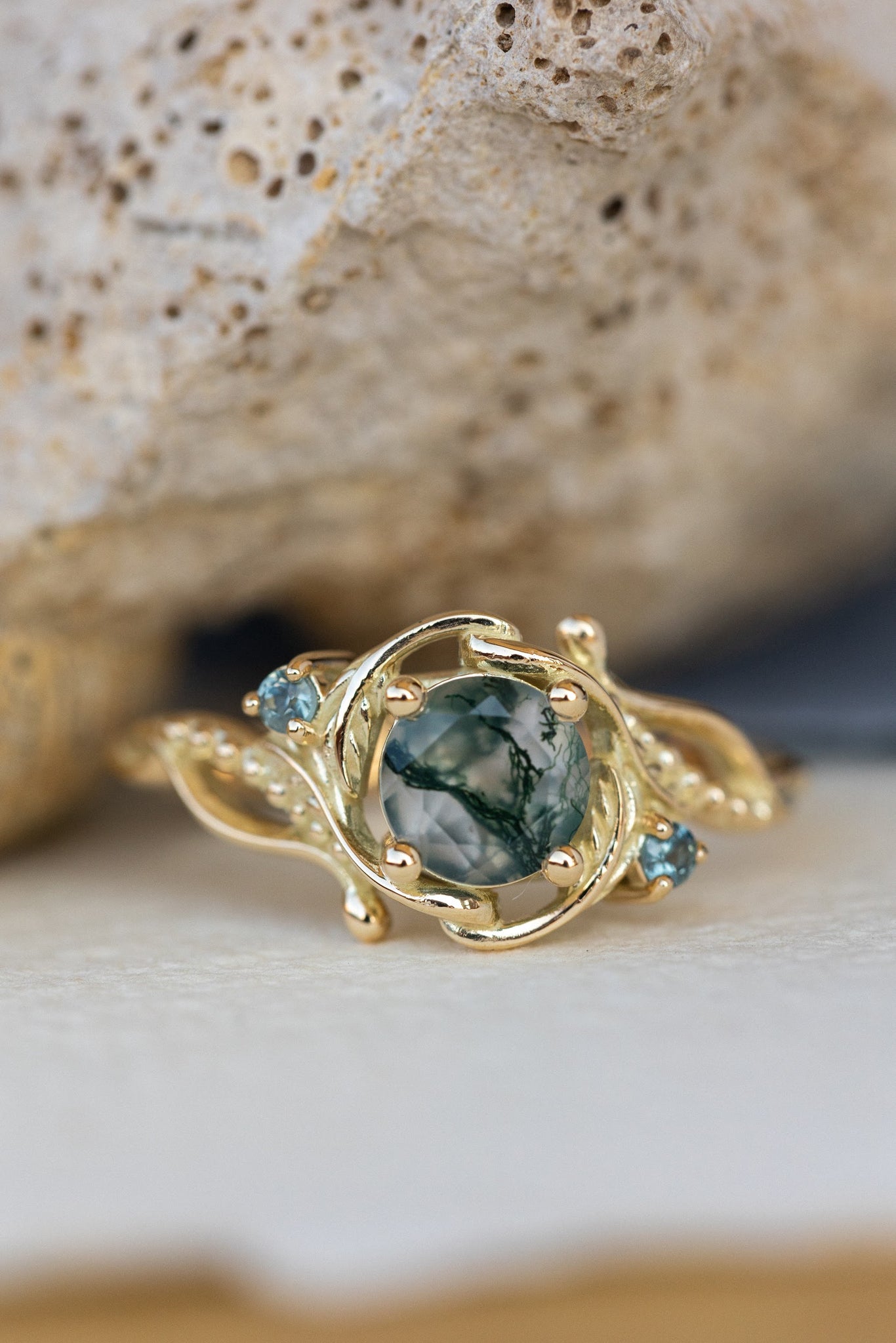 Round moss agate engagement ring with accent sapphires, nature themed proposal ring with diamonds  / Undina - Eden Garden Jewelry™