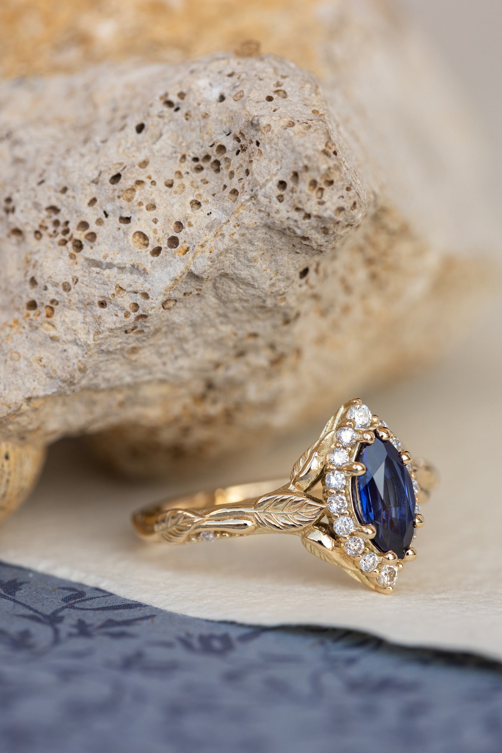 Marquise cut sapphire engagement ring set, nature inspired bridal ring set with diamond halo / Florentina - Eden Garden Jewelry™