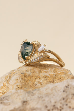 READY TO SHIP: Adonis ring in 14K or 18K yellow gold, pear cut moss agate, accent lab grown diamonds, RING SIZES: 6US, 8US