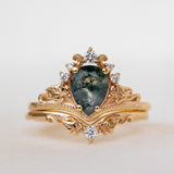 READY TO SHIP: Ariadne ring set in 18K yellow gold, pear cut moss agate, accent lab grown diamonds, RING SIZE:  5.5 - 8.5 US