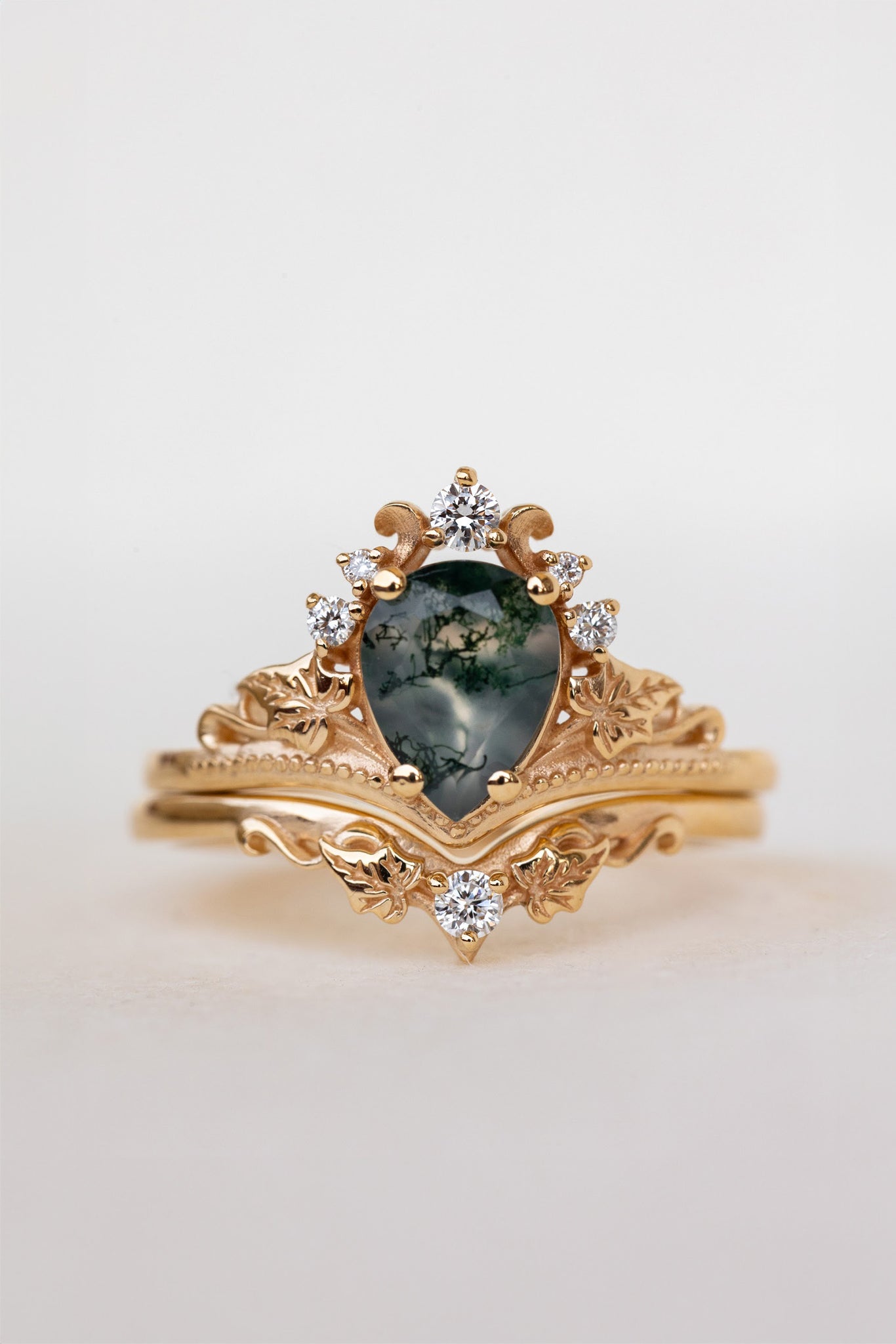 READY TO SHIP: Ariadne ring in 18K yellow gold, pear cut moss agate, accent lab grown diamonds, RING SIZE:  7US