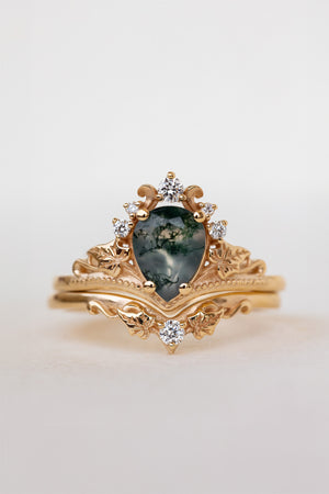 READY TO SHIP: Ariadne ring in 18K yellow gold, pear cut moss agate, accent lab grown diamonds, RING SIZE:  7US