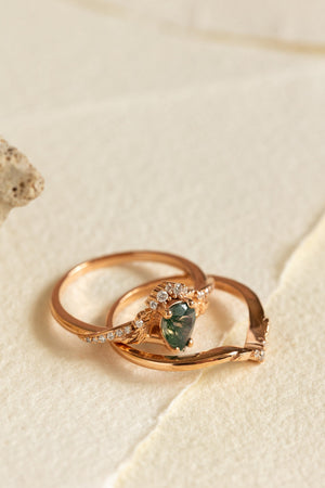 Forest-themed bridal ring set with green moss agate / Amelia - Eden Garden Jewelry™