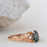 Unique moss agate engagement ring, white gold engagement ring with accent diamonds / Wisteria