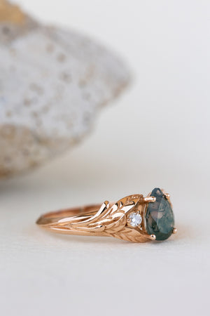 READY TO SHIP: Wisteria ring in 14K or 18K rose gold, pear moss agate, accents lab grown diamonds, RING SIZE: 7.25 US