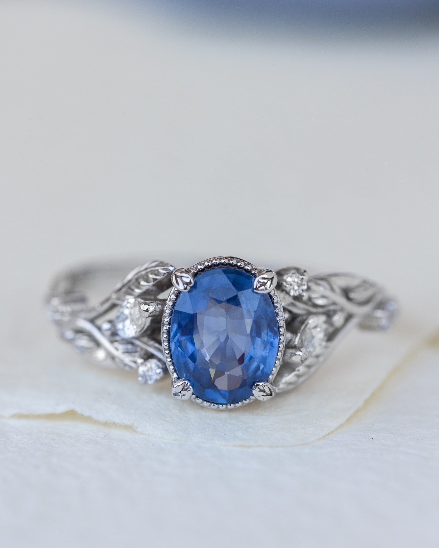 Natural blue sapphire bridal ring set, white gold leaf engagement and wedding rings / Patricia - Eden Garden Jewelry™