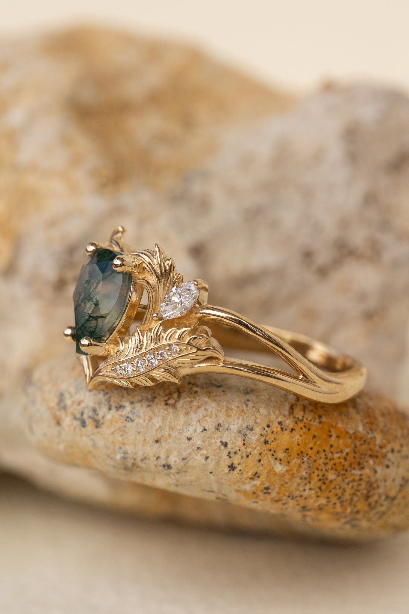 READY TO SHIP: Adonis ring in 14K or 18K yellow gold, pear cut moss agate, accent lab grown diamonds, RING SIZES: 6US, 8US