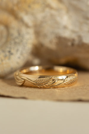 Yellow gold nature inspired wedding band, comfort fit ring for him - Eden Garden Jewelry™