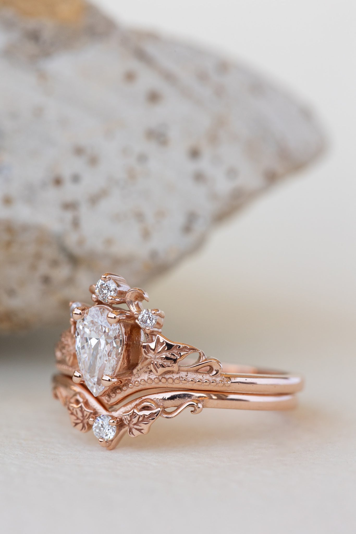 READY TO SHIP: Ariadne bridal set in 14K or 18K rose gold, pear cut lab grown diamond 7x5 mm, accents lab grown diamonds, RING SIZE: 7 US