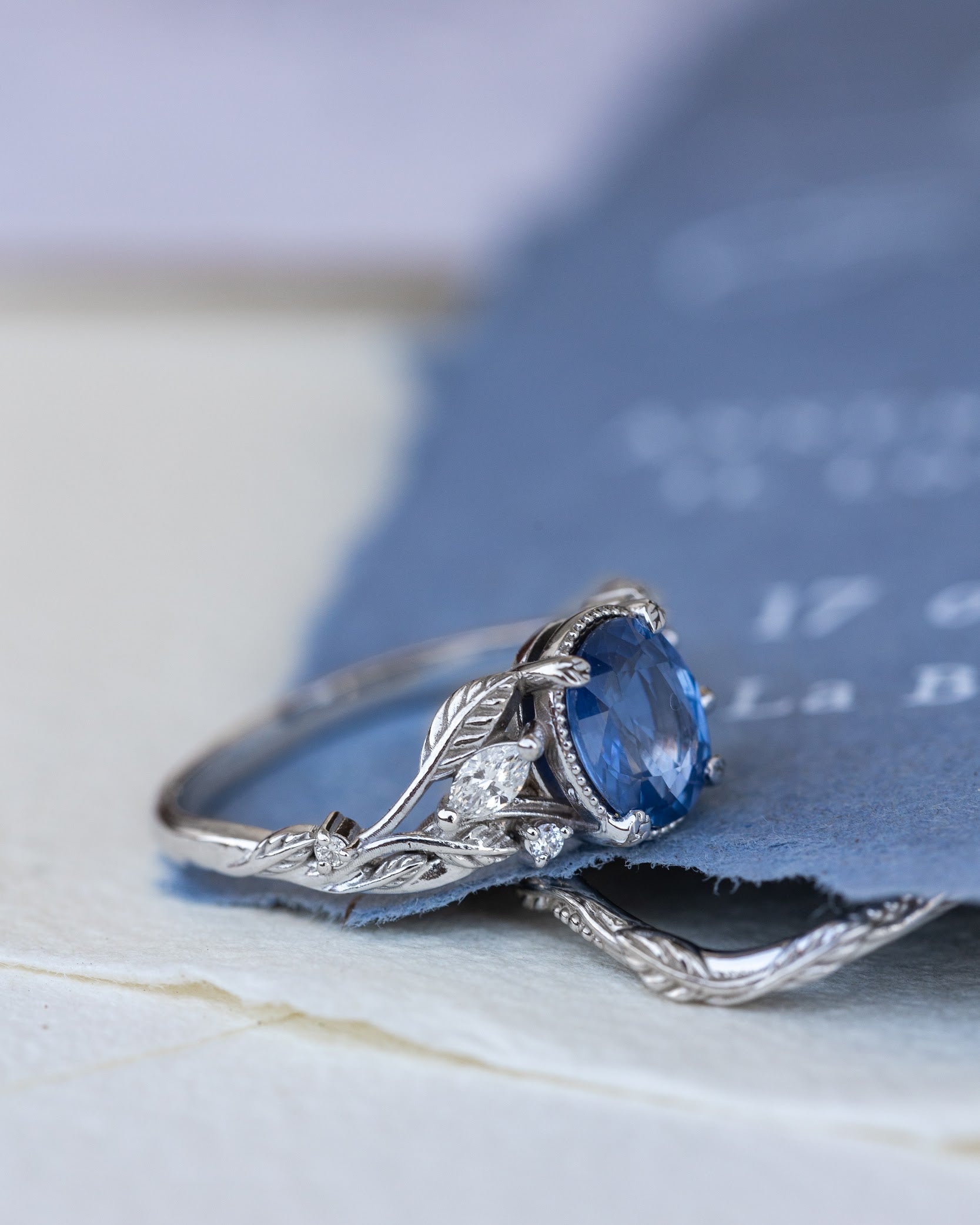 Natural blue sapphire bridal ring set, white gold leaf engagement and wedding rings / Patricia - Eden Garden Jewelry™