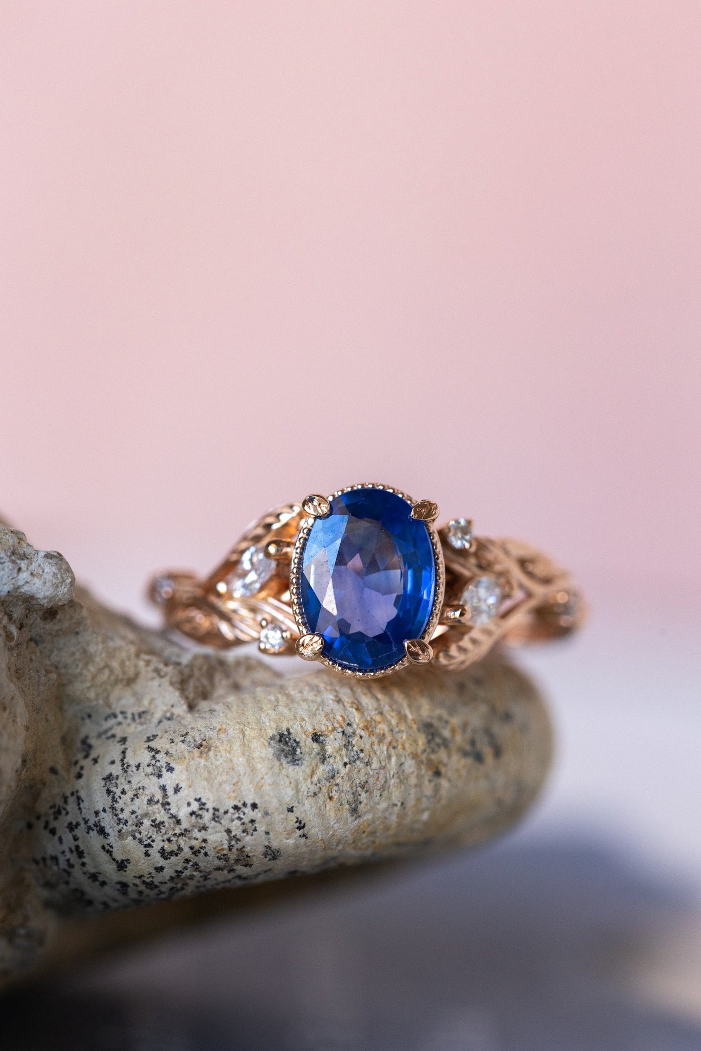 READY TO SHIP: Patricia ring in 14K or 18K rose gold, natural vivid blue sapphire 8x6 mm, accent lab grown diamonds, AVAILABLE RING SIZES: 7US