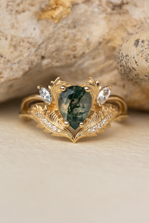 READY TO SHIP: Adonis ring in 14K or 18K yellow gold, pear cut moss agate, accent lab grown diamonds, RING SIZES: 6US, 8US