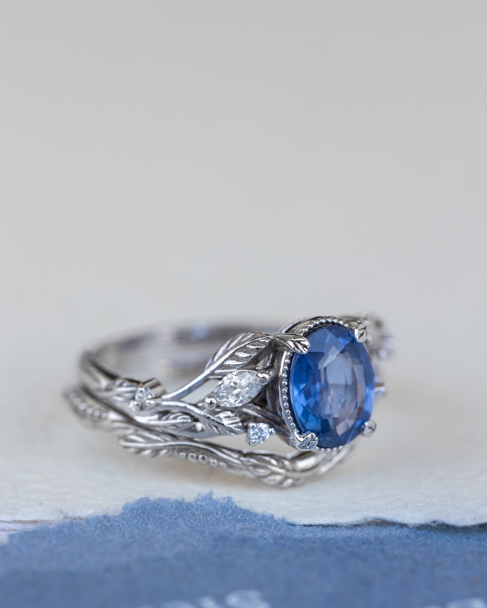 Natural blue sapphire bridal ring set, white gold leaf engagement and wedding rings / Patricia - Eden Garden Jewelry™