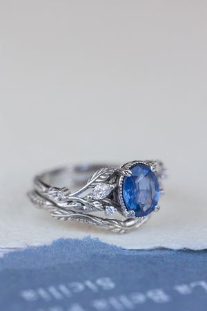 Natural blue sapphire bridal ring set, white gold leaf engagement and wedding rings / Patricia - Eden Garden Jewelry™