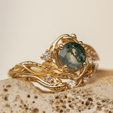 Gold bridal ring set with natural round moss agate and accent diamonds / Undina - Eden Garden Jewelry™