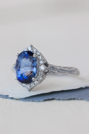 Halo style engagement ring with big blue sapphire, white gold branch engagement ring  / Florentina - Eden Garden Jewelry™