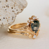 READY TO SHIP: Ariadne ring set in 18K yellow gold, pear cut moss agate, accent lab grown diamonds, RING SIZE:  5.5 - 8.5 US