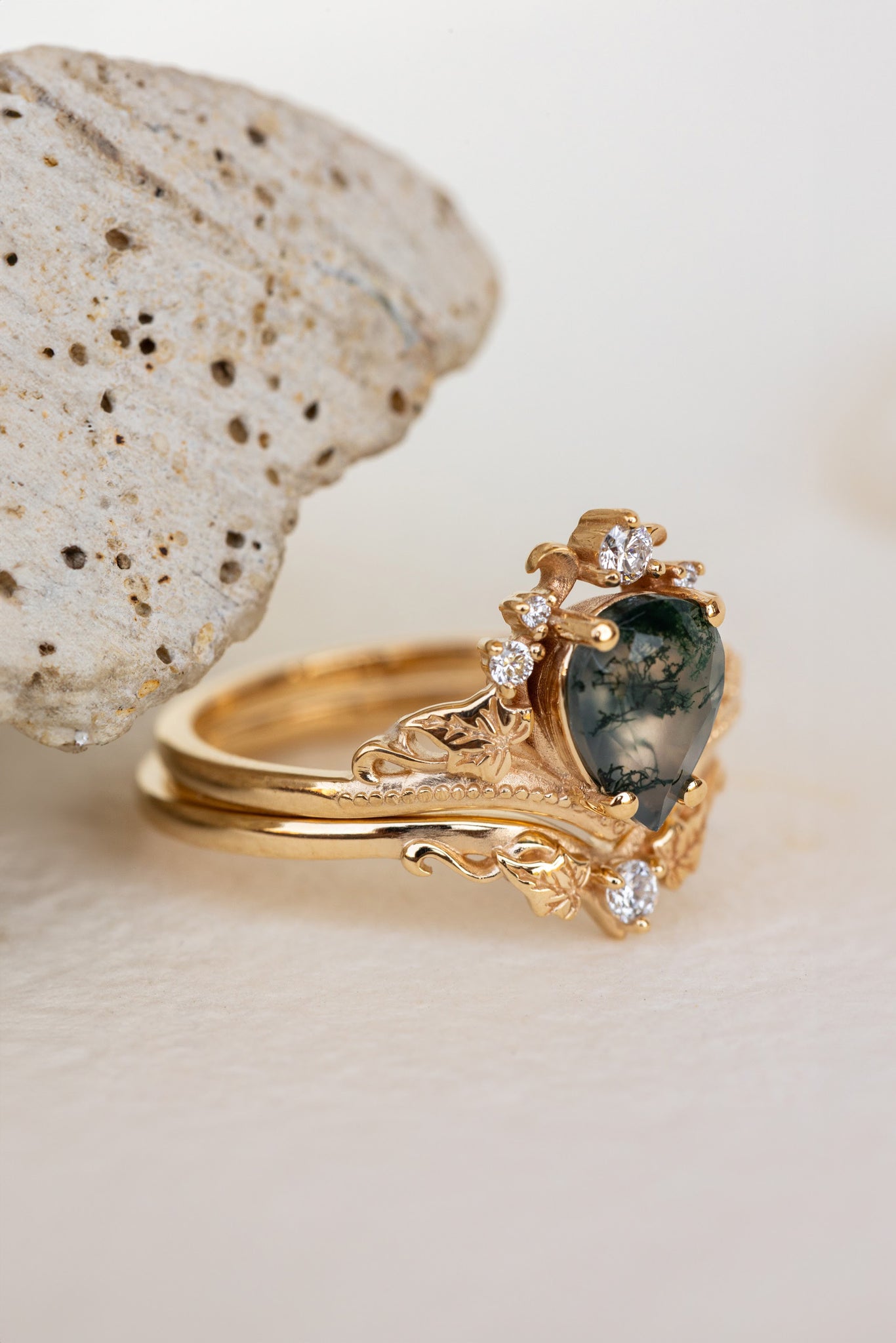 READY TO SHIP: Ariadne ring in 18K yellow gold, pear cut moss agate, accent lab grown diamonds, RING SIZE:  7US