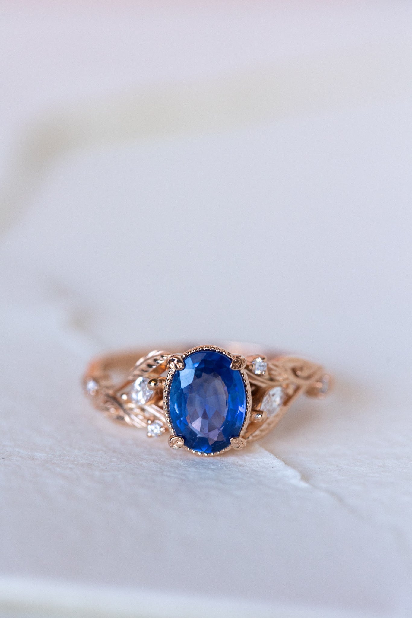 Natural oval blue sapphire engagement ring, gold nature inspired ring with accent diamonds / Patricia - Eden Garden Jewelry™