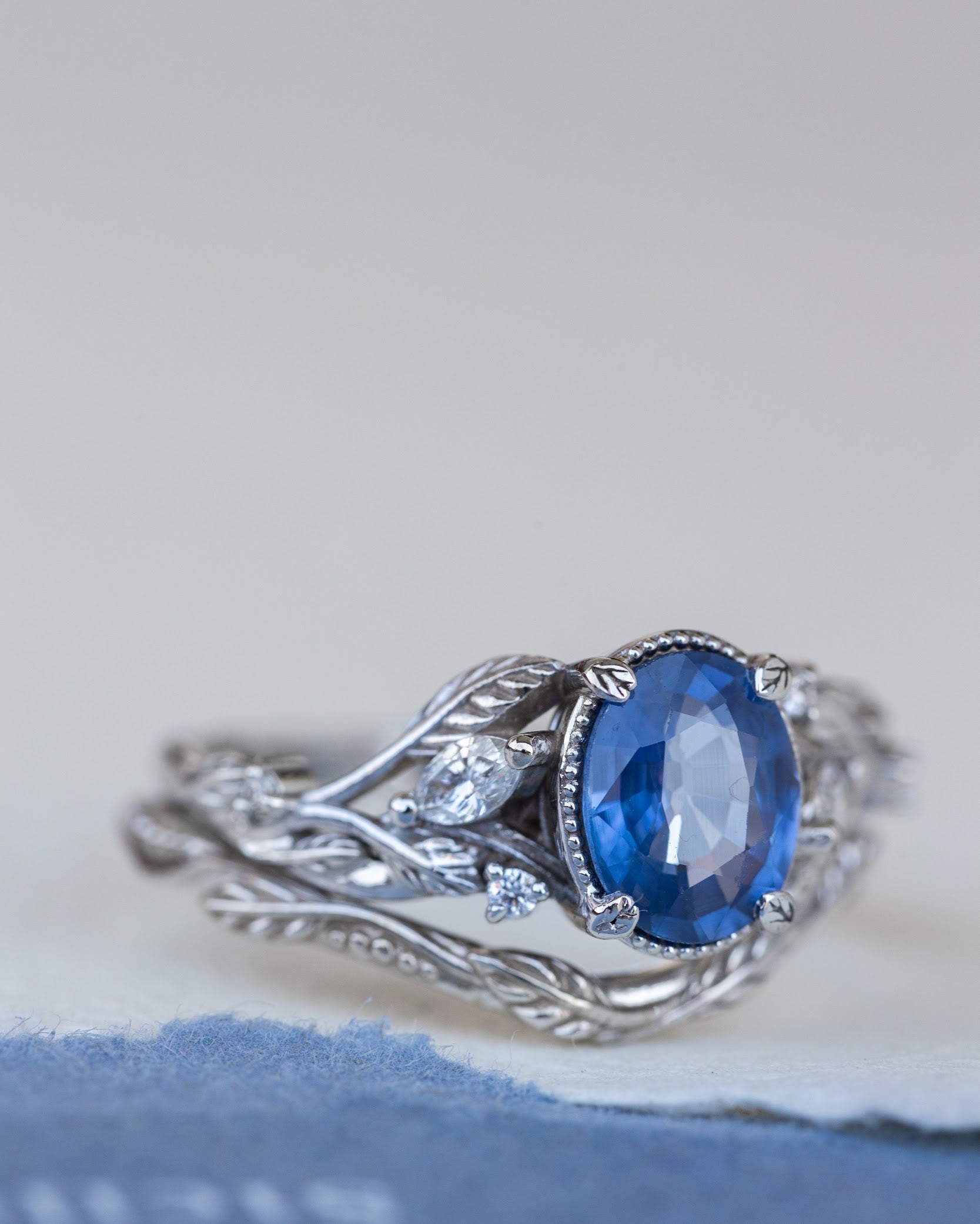 Natural blue sapphire bridal ring set, white gold leaf engagement and wedding rings / Patricia - Eden Garden Jewelry™